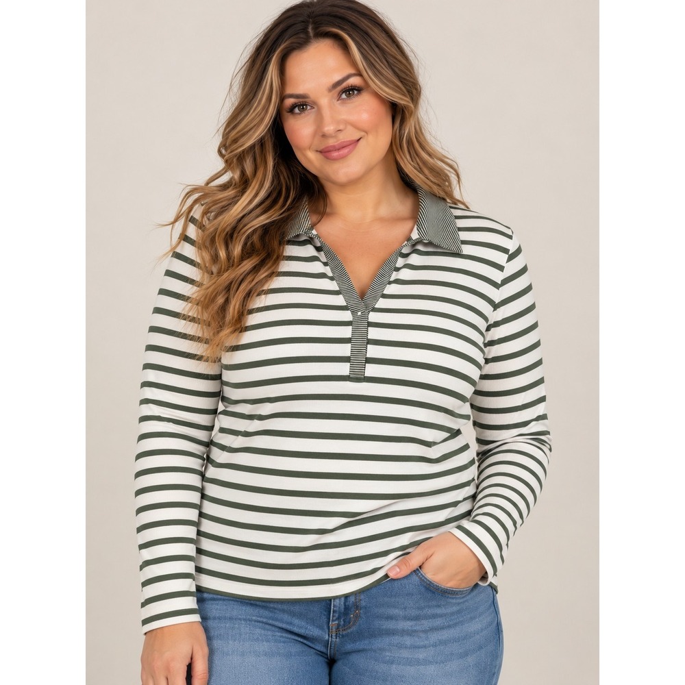 Sonoma Goods For Life Collared Women's Green/White Striped Long Sleeve Large Top